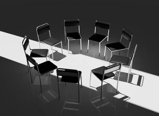 Highly Detailed 3D Render of a Support Group Meeting Setting, Featuring an Intimate Circle of Chairs in a Calm, Minimalistic Environment, Perfect for Concepts of Mental Health and Emotional Support