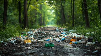 Piles of plastic waste symbolize environmental degradation, chaos, and human negligence against a blurred Earth background, highlighting pollution's impact with space for thought-provoking captions.

