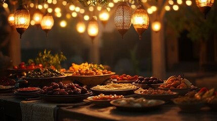 Warm festive setting featuring a dining table adorned with golden fairy lights, decorative lanterns, and a selection of traditional dishes served on a rustic wooden table