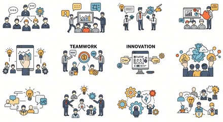 Fototapeta premium Icon sets for business themes like teamwork, growth, and innovation