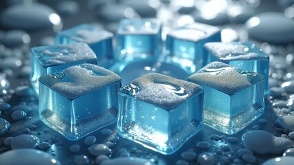 Ice sculpture in the shape of a snowflake with melting edges and scattered droplets	