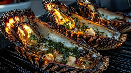 Obraz premium Grilled Seafood Shells with Herbs and Garnish on Flame-Grilled Surface