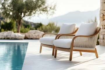 Fototapeta premium Outdoor pool area with moder chairs, surrounded by garden with plants and trees