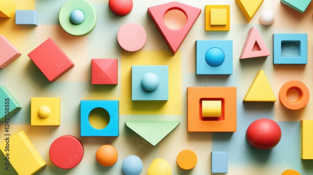 Fototapete abstract d geometric shapes in vibrant colors, floating in space with soft shadows, creating a playf