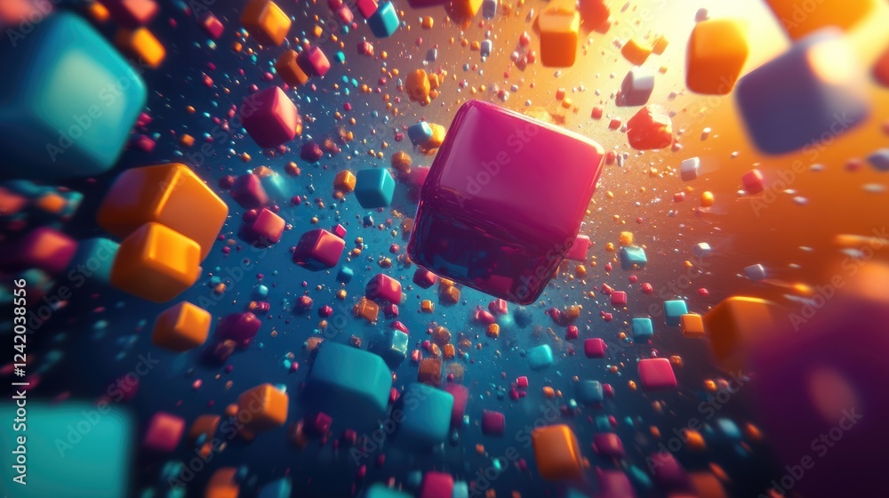 Fototapete abstract d geometric shapes in vibrant colors, floating in space with soft shadows, creating a playf