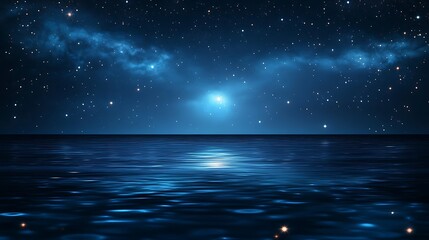 A serene night scene featuring a tranquil ocean under a starry sky.