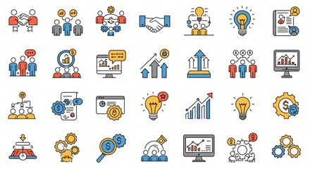Icon sets for business themes like teamwork, growth, and innovation