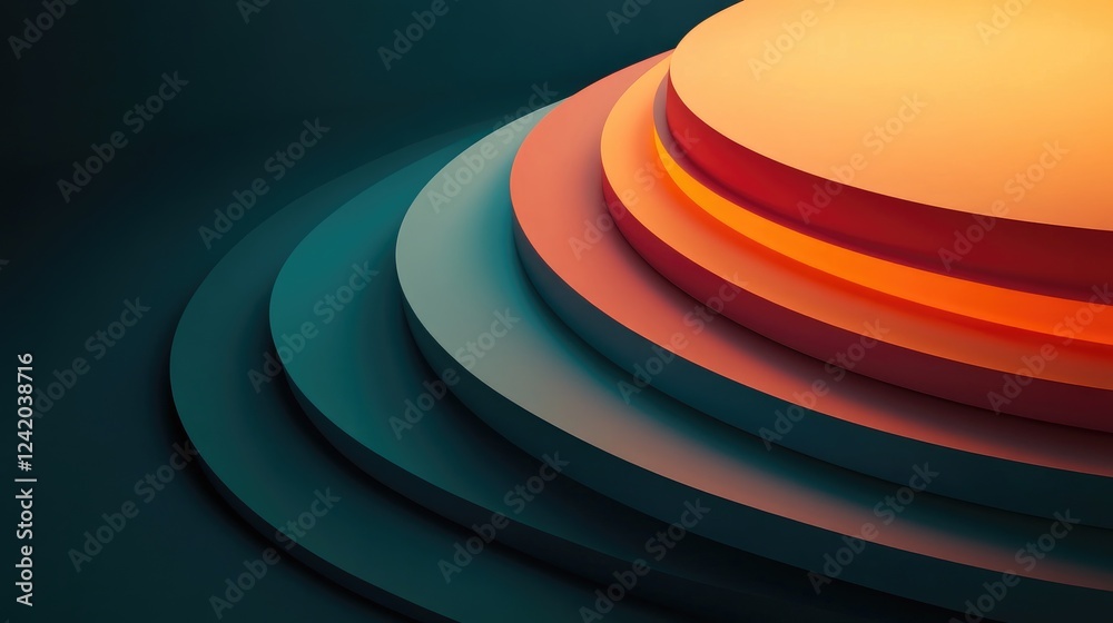 Poster abstract circular gradient graphics, layered with translucent colors on a dark surface, creating an 
