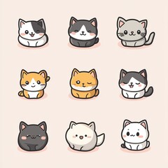 Nine adorable cartoon cats in various poses and colors.