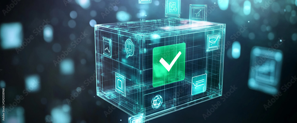 Poster a transparent 3d cube with digital icons, featuring a green checkmark, representing a virtual system