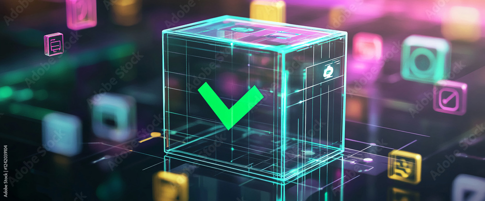 Poster A transparent 3D cube with a large green checkmark surrounded by floating digital icons, symbolizing data validation, confirmation, and approval in a virtual system.