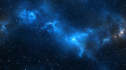 A stunning depiction of a cosmic scene filled with blue nebulae and distant stars.