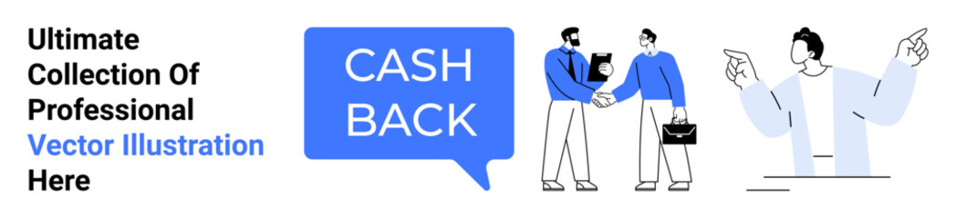 Obraz premium Cashback promotion message in speech bubble, two business professionals shaking hands, and a customer deciding purchase. Ideal for marketing, partnerships, finance, retail, negotiation, customer