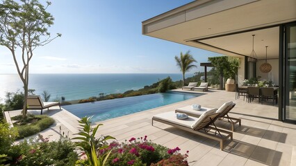 Fototapeta premium Amazing deck and pool in modern home with views of the ocean 