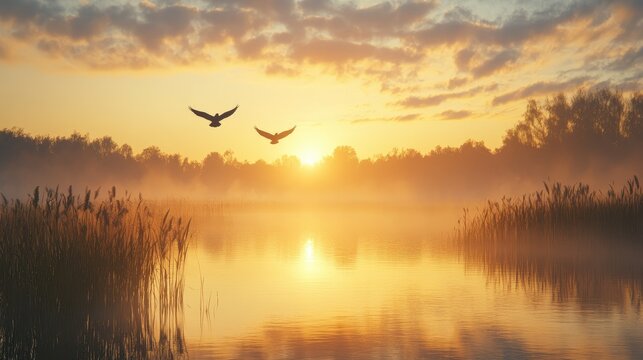 An enchanting image of two doves soaring high above a tranquil lake at sunset, their silhouettes contrasting against the warm colors of the evening sky