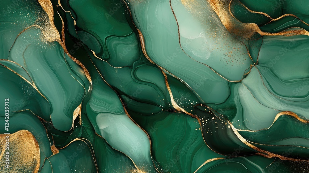 Poster an intricate pattern of fluid lines and shapes in shades of green and gold, forming an elegant abstr