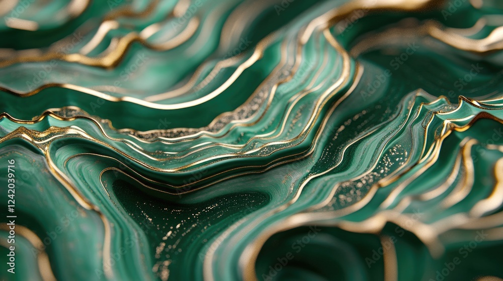 Poster an intricate pattern of fluid lines and shapes in shades of green and gold, forming an elegant abstr