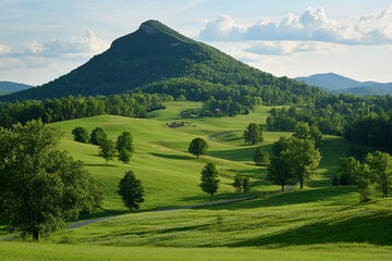 A scenic view of a lush green rolling hill with a mountain peak in the distance, showcasing a rural landscape with winding roads, trees, and farmland symbolizing nature and tranquility.