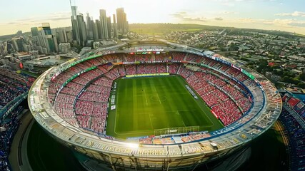 Aerial view of vibrant football stadium during match with lush cityscape surrounding. concept of sports excitement, urban architecture, crowd energy, scenic overlook