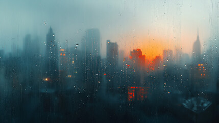 Raindrops on a Foggy Window Against a Cloudy Cityscape