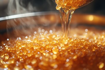 Golden syrup pouring into a bowl with shining reflections