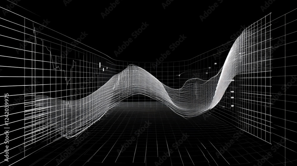 Poster a d line graph with ascending and descending curves on a dark grid background, capturing the volatil