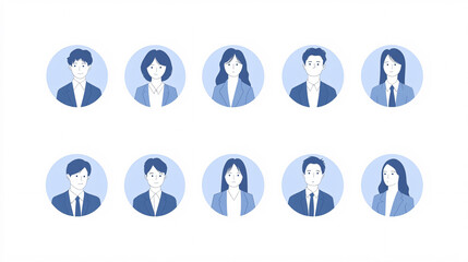 Fototapeta premium A set of ten faceless business avatars in flat blue and white style representing corporate professionals and workplace diversity 