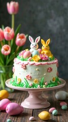 Easter cake with figures of rabbits, hares with Easter eggs on the background of tulips. Easter.