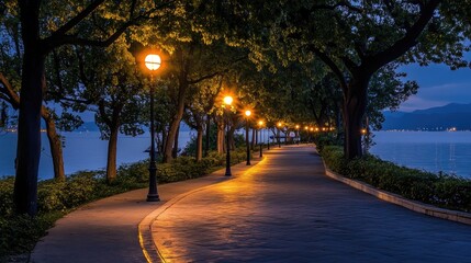 Obraz premium A beautifully illuminated waterfront promenade, with streetlights lining the path and reflecting on the water, creating a serene and picturesque night scene