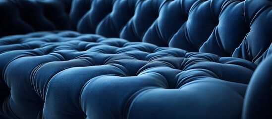 Obraz premium Luxurious blue velvet tufted sofa showcasing intricate texture and craftsmanship in a modern living room
