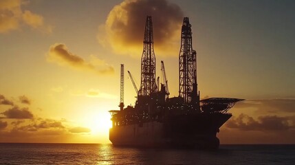 Obraz premium A beautiful shot of a massive oil rig in the ocean, silhouetted against a colorful sunset, emphasizing the industrial aspect of maritime activities
