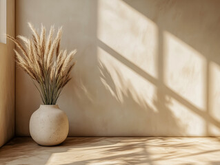Pampas grass in ceramic vase with soft shadows