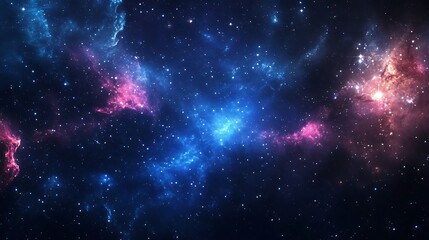 Naklejka premium A vibrant cosmic scene filled with stars and nebulae in deep blues and pinks.