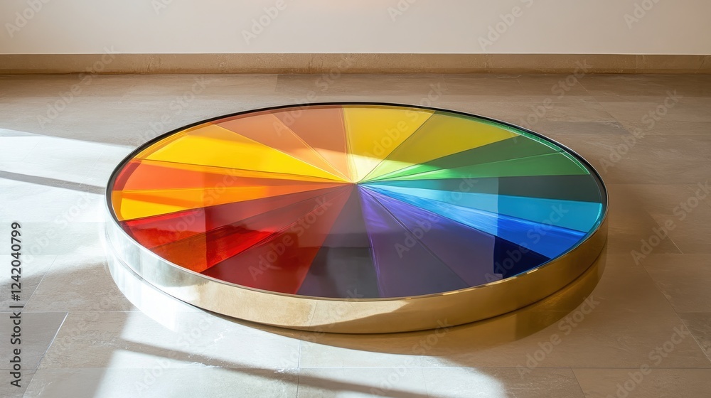 Poster a circular chart with colorful, curved segments arranged on a reflective surface, each segment shini