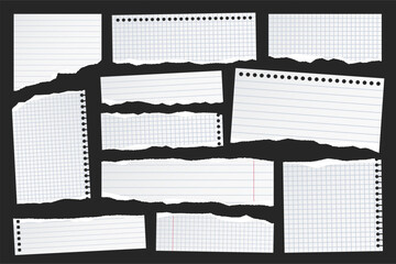 Ripped paper strips. Realistic crumpled paper scraps with torn edges. Shreds of notebook, book or old newspaper pages. Trendy collage elements. Vector illustration