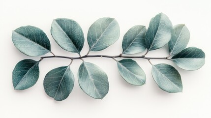 Green branch, leaves, white background, flatlay, design