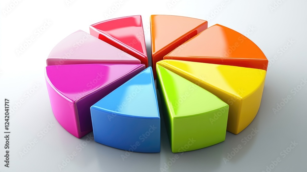 Poster a collection of colorful d pie chart segments separated slightly, arranged on a smooth background to