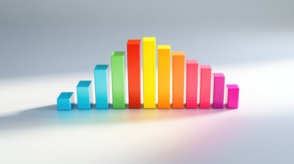 A colorful D bar graph with staggered heights, each bar casting shadows on a clean white background, symbolizing statistical analysis