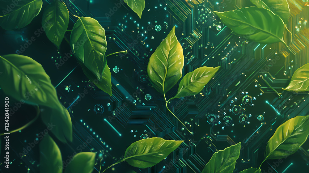Wall mural generative ai illustration of digitally created image of ree with foliage growing from a circuit boa