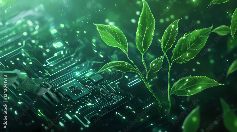 Wall mural generative ai illustration of digitally created image of ree with foliage growing from a circuit boa