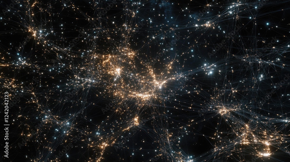 Poster a digital network of interconnected nodes and lines on a dark background, forming a futuristic graph