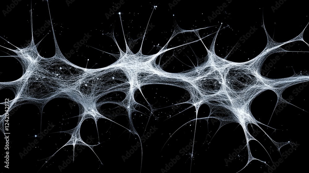 Poster a digital network of interconnected nodes and lines on a dark background, forming a futuristic graph