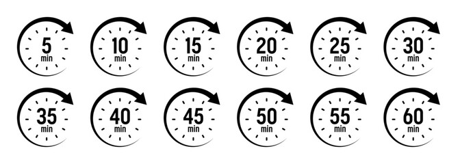 Stopwatch icons with pointer arrow. Chronometer, time counter with dial. Countdown time, hours and minutes. Deadline, sport measurement. Cooking time label, sticker. Vector illustration