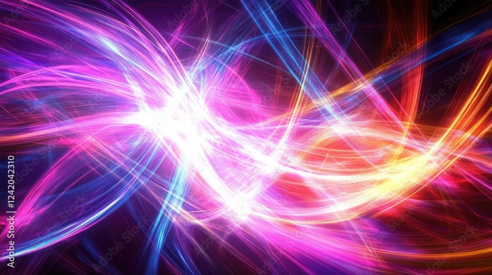 Poster a dynamic abstract background of sharp lines and angular shapes in bright neon colors against a dark