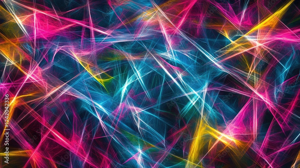 Poster a dynamic abstract background of sharp lines and angular shapes in bright neon colors against a dark