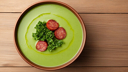 Delicious caldo verde soup served in a rustic bowl with chorizo and kale against a warm wooden table setting during the evening