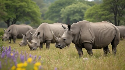 Fototapeta premium A Herd of Rhinos Grazing in a Grassy Field With Trees in the Background - Generative AI