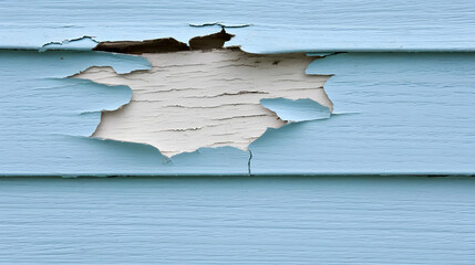 Damaged light blue siding, wood exposed, house exterior, repair needed