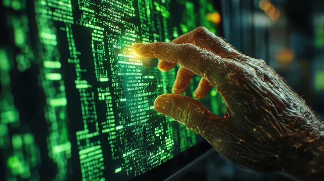 Artificial intelligence technology, close-up of AI code on a monitor, hands typing
