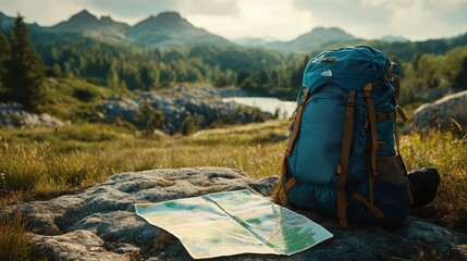 Backpacking adventure, close-up of backpack and map, scenic trail in background